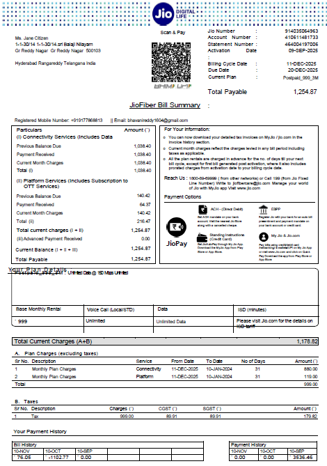 India Jio Digital Life utility bill template in Word and PDF formats, version 4